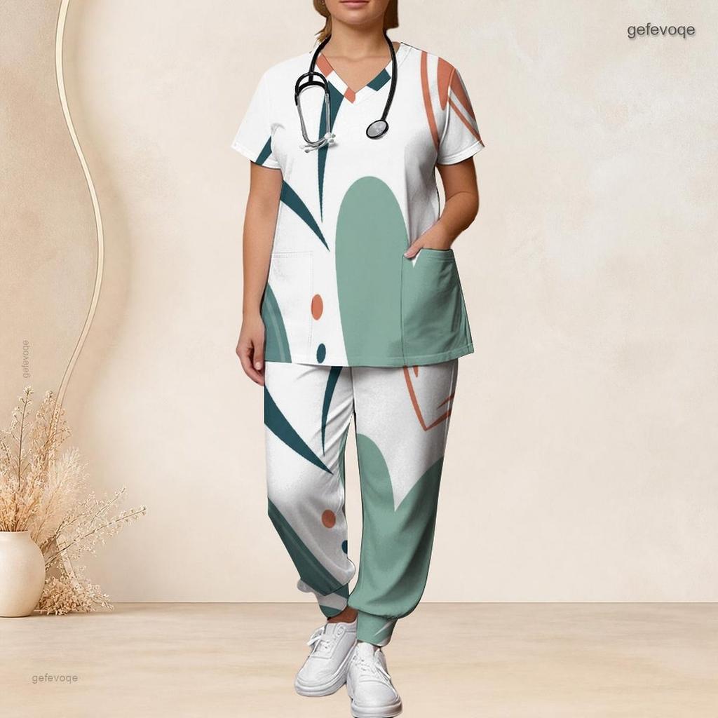 Women Plus Size V Neck Short Sleeve Scrub Set Wine Glass Leaf Abstract Art Print Nurse Uniform Set