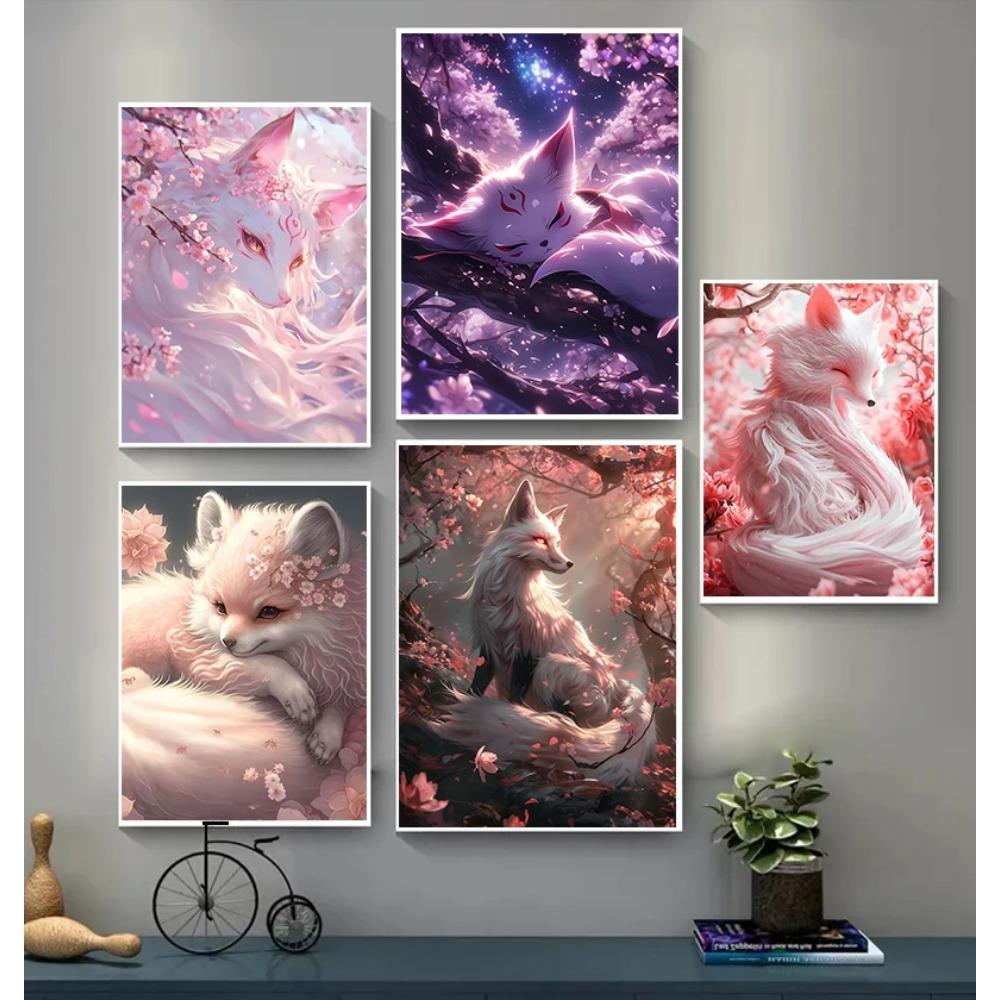 Fantasy Mystical Sakura Nine Tailed Fox Posters Japanese Cute Anime Gentle Prints Canvas Painting Wall Pictures Home Room Decor