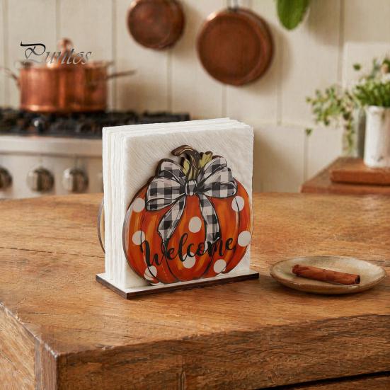 Stable Vertical Paper Towel Stand Thanksgiving Solid Wood Napkin Holder, Fall Harvest Gnome Scarecrow Turkey Tissue Autumn Kitchen Countertop