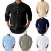 Men's Linen 3/4-Sleeve Shirt - Buttoned Stand Collar Pocket Loose-Fit Casual Top