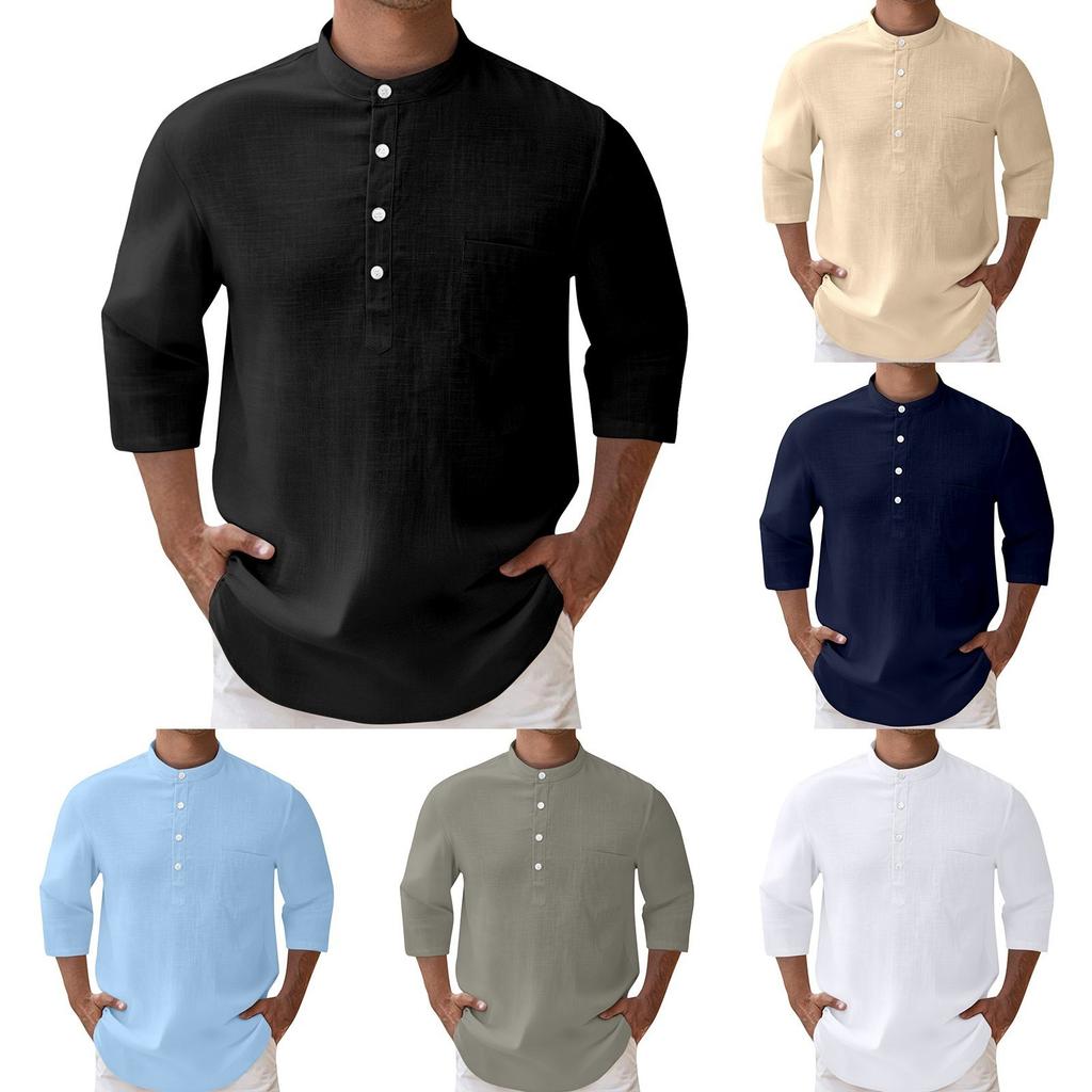 Men's Linen 3/4-Sleeve Shirt - Buttoned Stand Collar Pocket Loose-Fit Casual Top