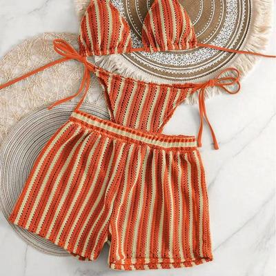 Style Boxer Shorts Mesh Three-piece Women's Swimsuit Neck Lace-up Bikini Set
