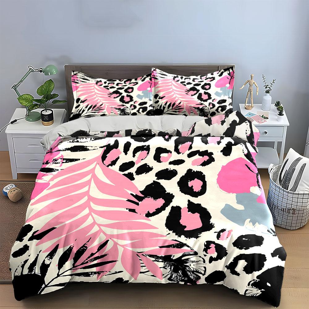 Tropical Floral And Leopard Print Set Exquisite Three-Piece Bedding Set Gift For Kids And Adults