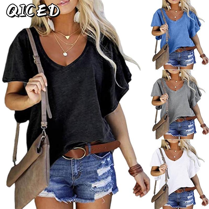 QICED Women's Fashion Casual Solid Color Print Short Sleeve V Neck Blouses & Shirts