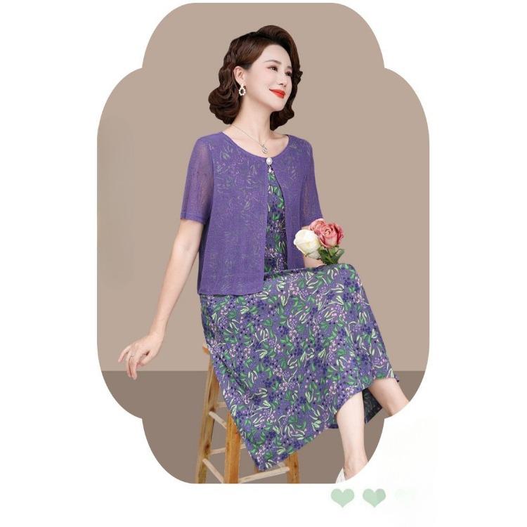 Elegantní letní šaty s krátkým rukávem pro ženy Móda pro střední věk Zeštíhlující Falešné dvoudílné Šaty pro matku