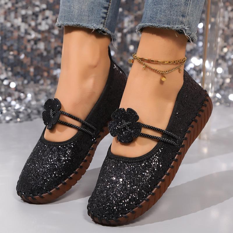 Sequin Flower Single Shoes Fall New Round Toe Shallow Mouth Cover Foot Soft Sole Non-slip Stitch Flats