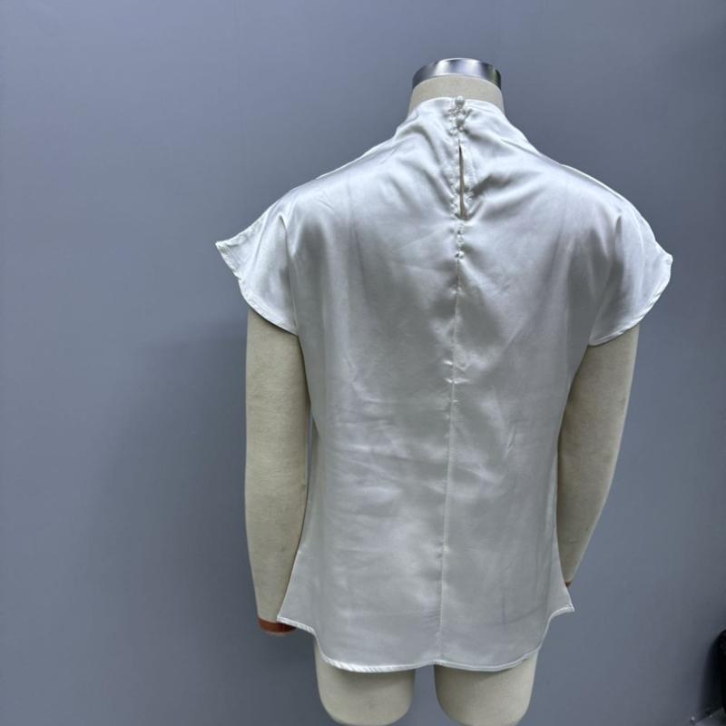 New Summer Round Neck Short Sleeve Pleated Casual Shirt for Women Fashion Elegant Tops Slim Fit Solid Loose Women Blouses Simple Ladies Shirts 26524