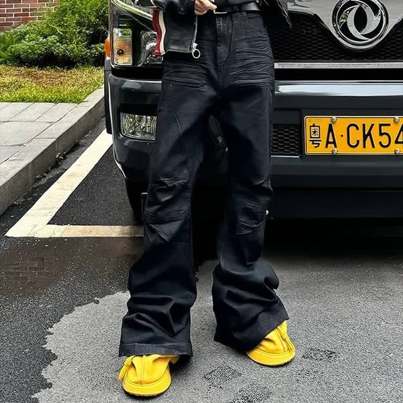 RO style American dark tide brand hand-brushed wax coating elastic micro-pull jeans bootcut floor mopping men's pants