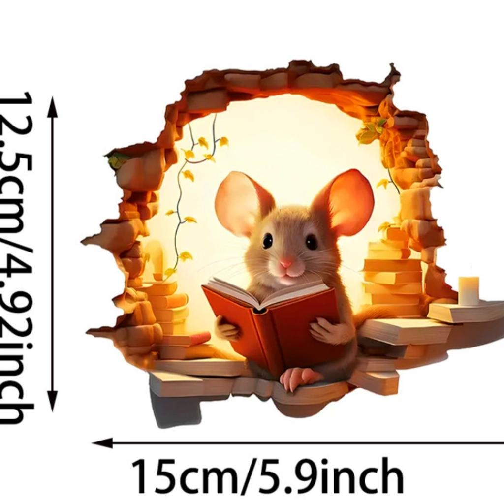 3D Mouse Reading Book in Mouse Hole, Decal Sticker, Removable Wall Decor, Book Lover Gift Idea, Baseboard, Wall Sticker Decal, Kids Room, Classroom