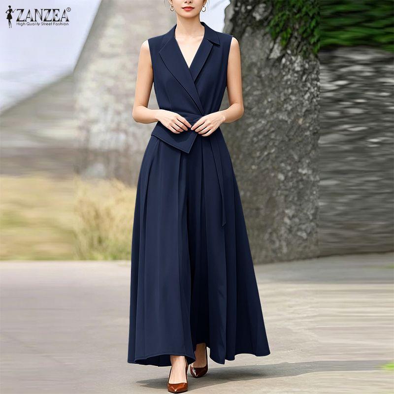 ZANZEA Women Casual Turn Down Collar Summer Sleeveless Wide Leg Jumpsuits