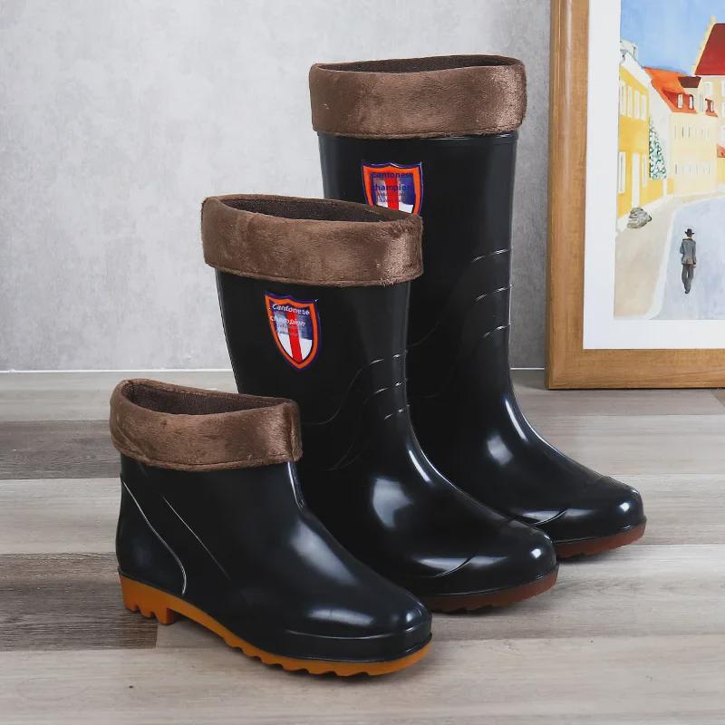 Men's PVC Winter Velvet-Lined Waterproof Work Boots, Mid-High Tube for Warmth and Protection