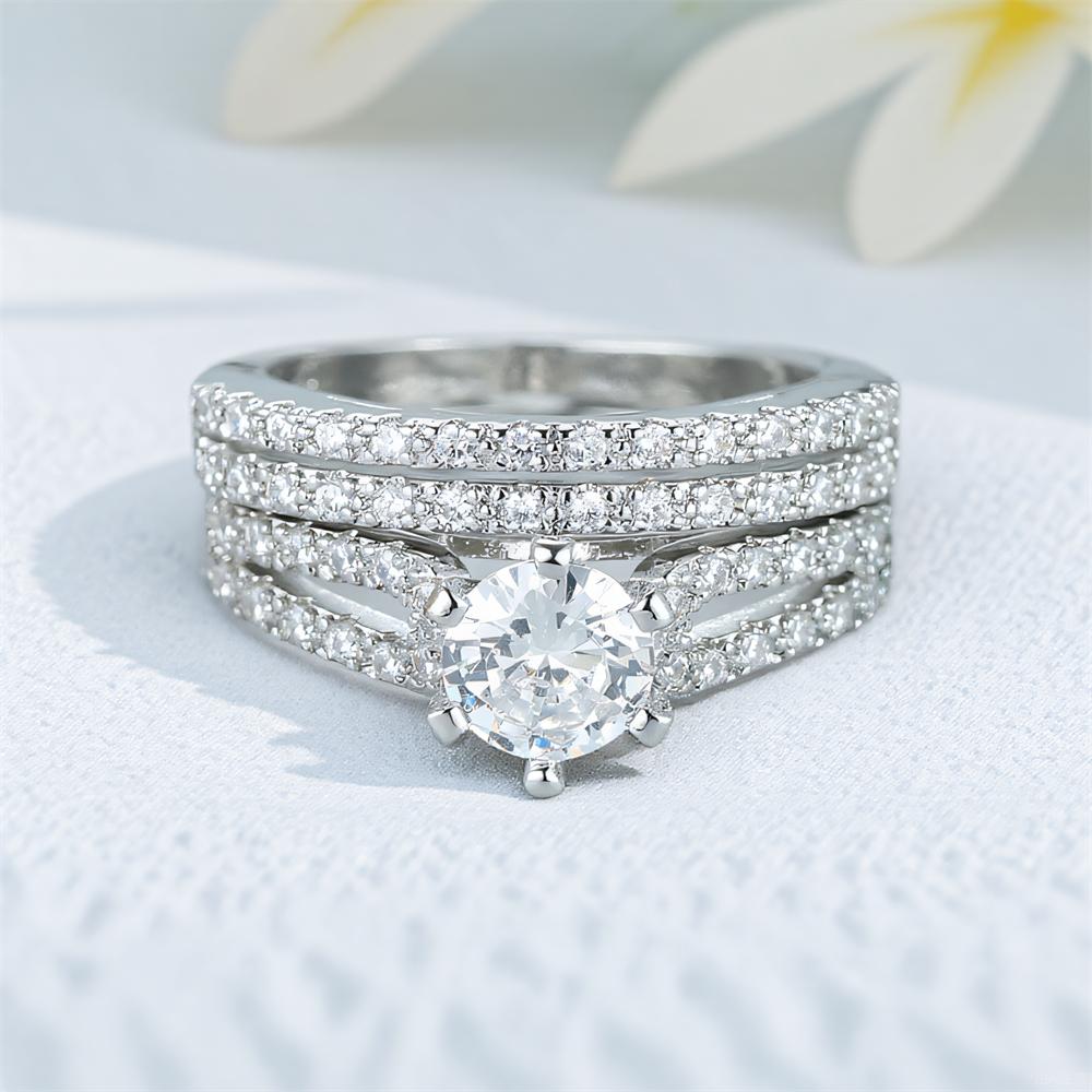 2 Stück/Set Runde Stein Weiße Zirkon Ring Sets für Damen Vintage Silberfarbe Verlobungsbänder Eheringe Vielseitiger Schmuck Geschenk