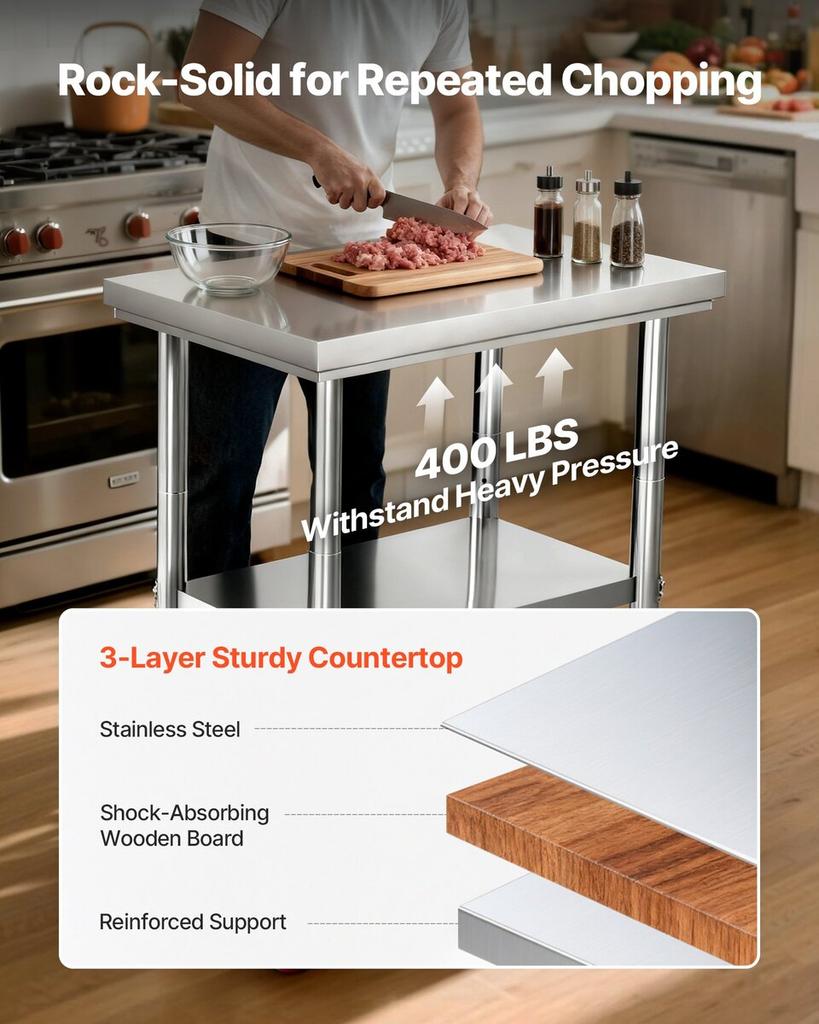 Stainless Steel Table, 60 x 76 cm Food Prep Worktable with Wheels, Kitchen Prep Table with Adjustable Undershelf Workstations for Commercial Kitchen,
