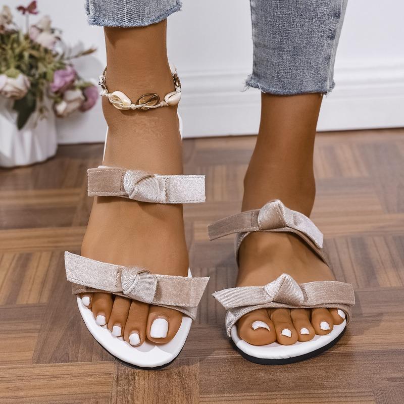 Sheepskin version~ Low-heeled flat-bottomed open-toed one-word with bow cool slippers women's summer niche beach sandals
