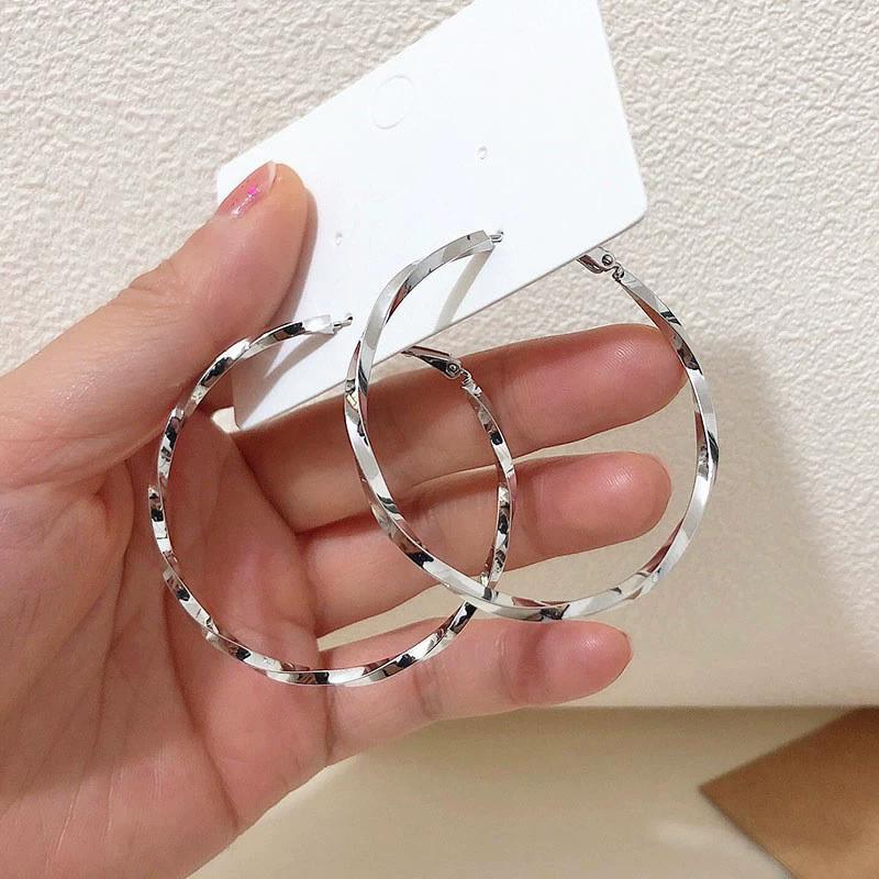 Geometric Hoop Earrings Women 50MM Silver Twist Metal Round Circle Big Dangle Earrings Trendy Jewelry Party Birthday Gift
