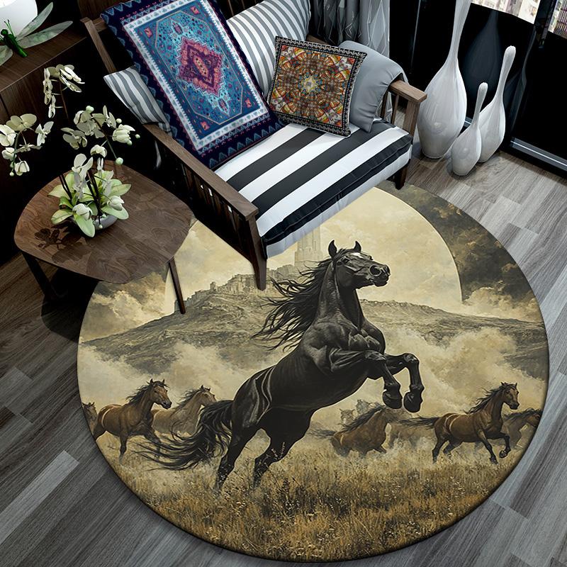 Black Horse Round Area Rug,Carpet Rug for Living Room Bedroom Sofa Playroom Decor,Non-slip Floor Mat