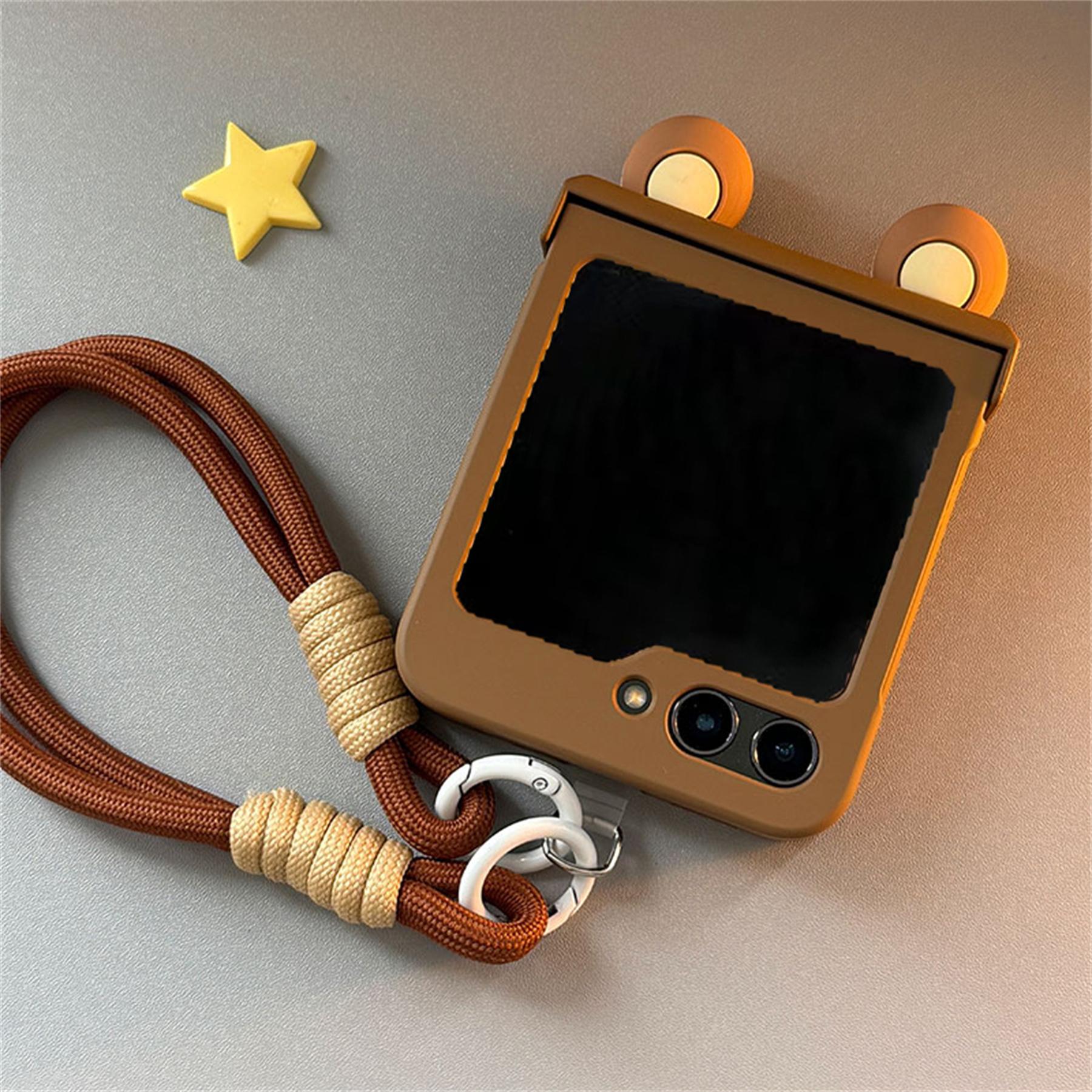 Mignon Étui de Téléphone Marron Oreilles d'Ours 3D avec Dragonne pour Samsung Galaxy Z Flip 7 8 Z Flip6 ZFlip 5 Coque, Étui pour Motorola Funda for 60Ultra(70Ultra)