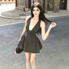 Pure desire wind sweet short skirt summer waist and thin design sense lace splicing gray polka dot neck dress women