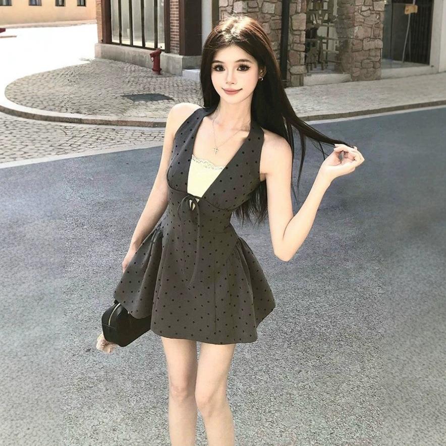 Pure desire wind sweet short skirt summer waist and thin design sense lace splicing gray polka dot neck dress women