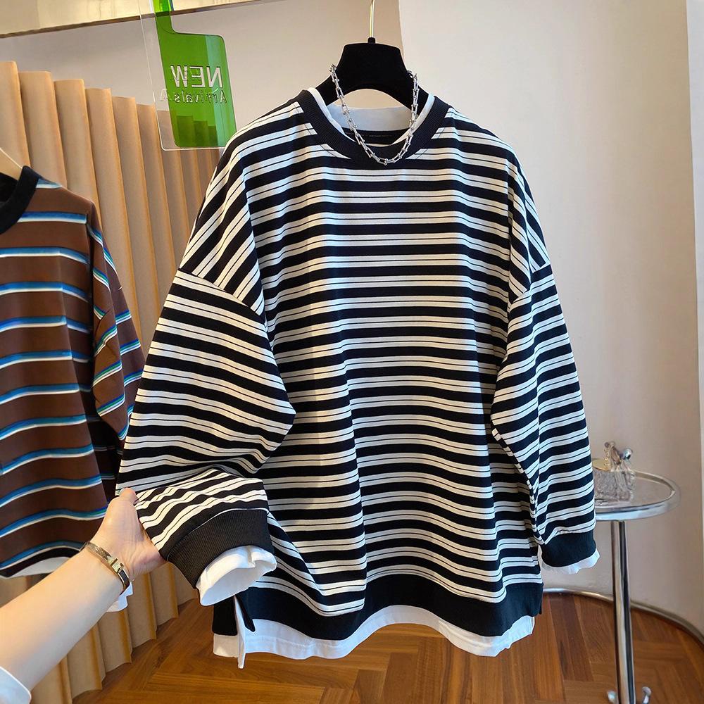 Women Plus Size Casual Loose Striped Fake Two Piece Long Sleeve Daily Sweatshirt