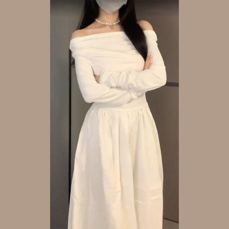 

Элегантное белое платье с длинным рукавом и одним плечом для женщин - Стиль ранней осени 2025 года с приталенной юбкой высокого класса в французском стиле XL белый