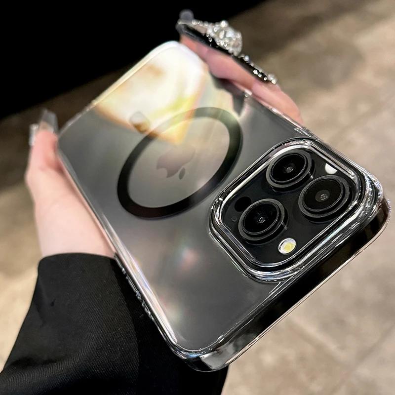 For Magsafe Phone Case For iPhone 17 16 15 14 13 Pro Max Plus 16e 17 Air Metal Buttons Transparent Clear PC Hard Cover
