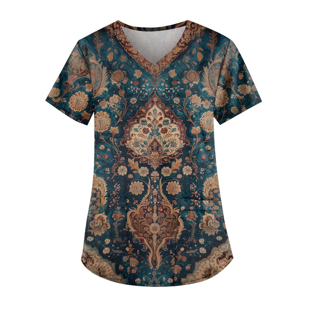 Plus Size Printed Scrub Working Uniform Tops For Women's V-Neck Short Sleeve Fun T-Shirts Workwear Tee With Pockets