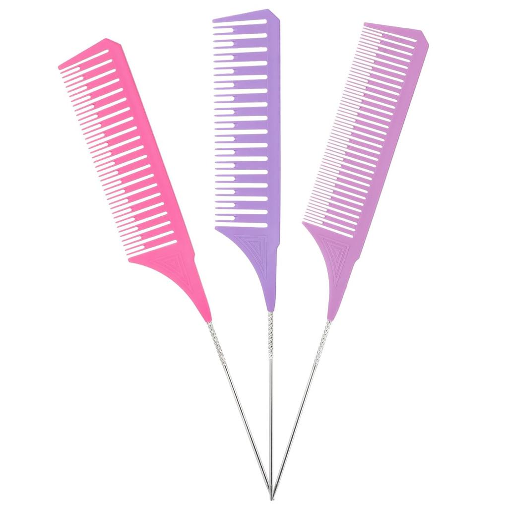 3 Pieces Foiling Comb for Highlighting, 3 Piece Colorful Rat Tail Comb Highlight Weaving Combs for Highlighting Metal Long Steel Pin Hair Dye Combs