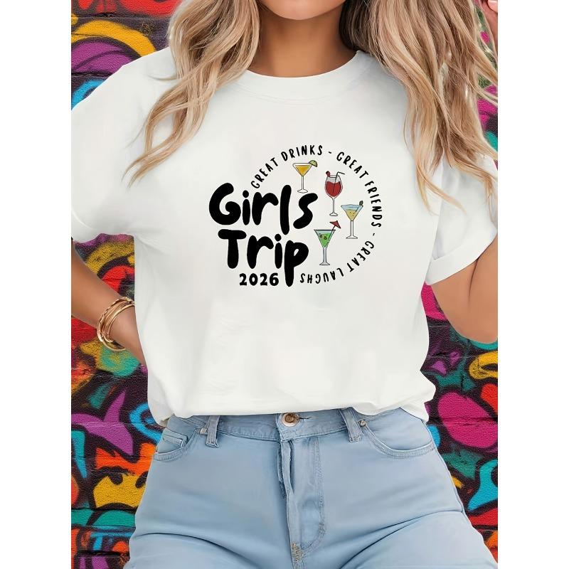 Women S T-Shirt ,White Casual Short-Sleeve Round-Neck Top Cocktail Prints, Machine Washable for Travel Outfits, Perfect for Bachelorette Parties S белый