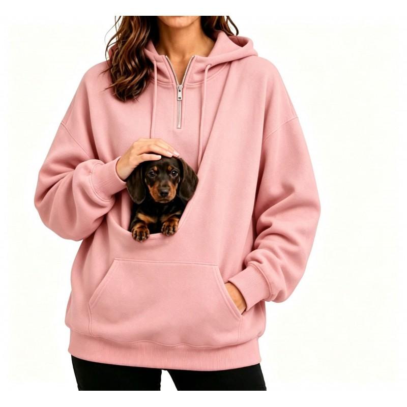 Womens Half-Zip Hooded Sweatshirt With Pet Pocket Loose Fit Fall Winter Top Small Dogs