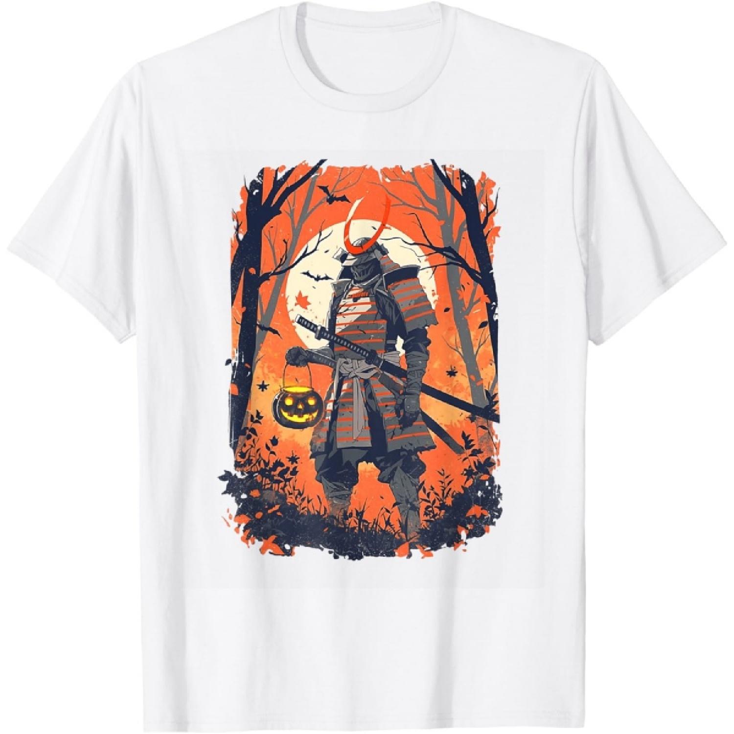 Samurai Holding Jack-O -Lantern Halloween T-Shirt XXXXXL белый
