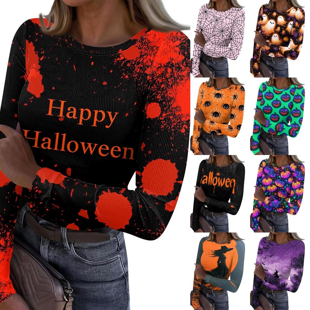 Women Casual Long Sleeve Ribbed Knit Top Halloween Print Round Neck Pullover Slim Fit Stretchy Lightweight Shirt for Fall