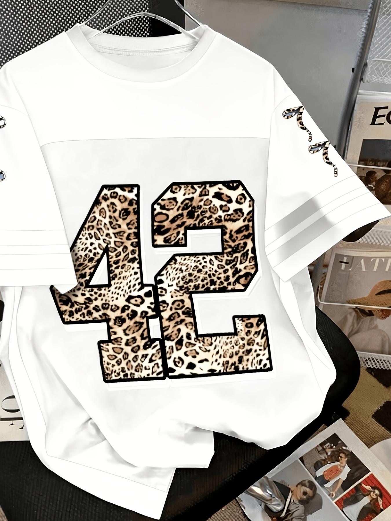 

Black And Leopard Pattern Color Block T-Shirt for Women - Casual Summer Short Sleeve Top Featuring White Details on The Neckline. Breathable Digital P 3XL дубильна кора