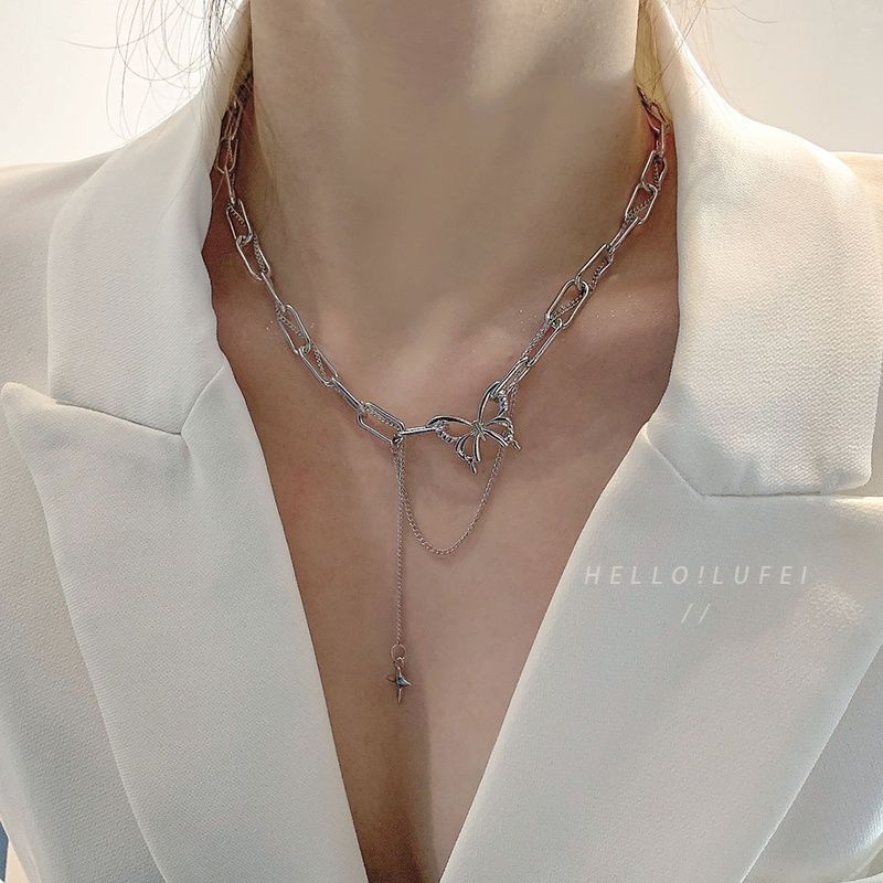 Korean version tide stacked butterfly necklace female niche design sense versatile personality Internet celebrity hip hop collarbone chain neck chain