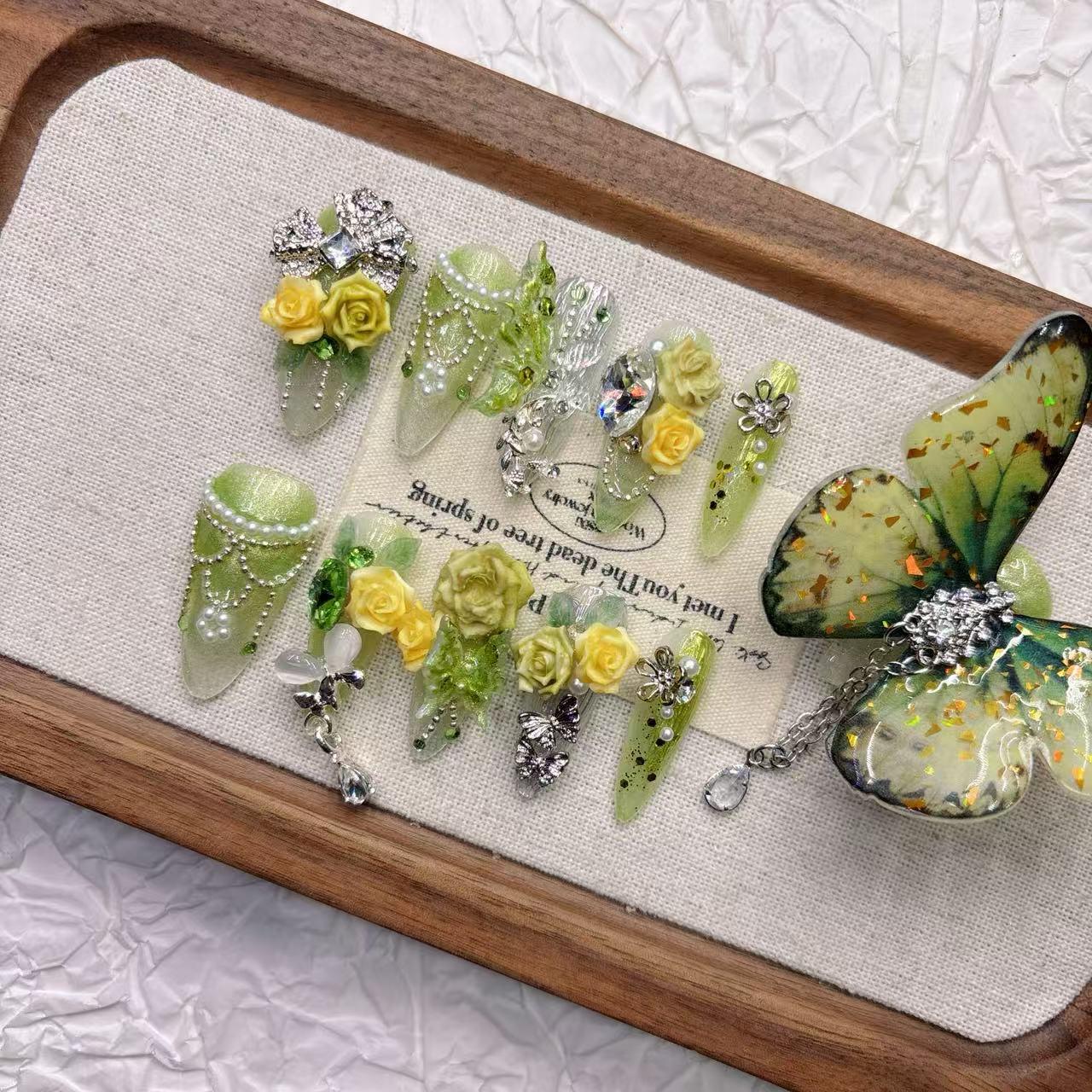 11-Finger Green Butterfly Fairy-Inspired Medium-Long Handmade Summer Nails
