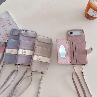 Étui de téléphone en cuir miroir avec cordon bandoulière pour IPhone 17 Air 16E 15 14 Plus 13 12 11 Pro Max Portefeuille Porte-cartes Housse antichute