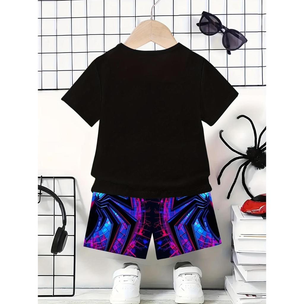 Boys' short sleeved 2-piece set with 3D spider print pattern