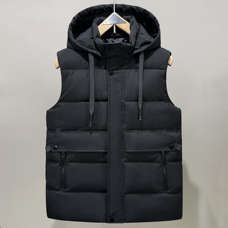 

Модные зимние безрукавки парки для мужчин, толстые куртки с капюшоном, больших размеров, повседневный мужской теплый жилет L(45kg-50kg) чёрный