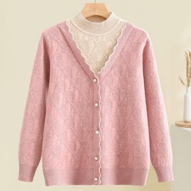 Chinese women's clothing new fake two-piece sweater top short knitted sweater mother autumn clothing middle-aged and elderly bottoming shirt