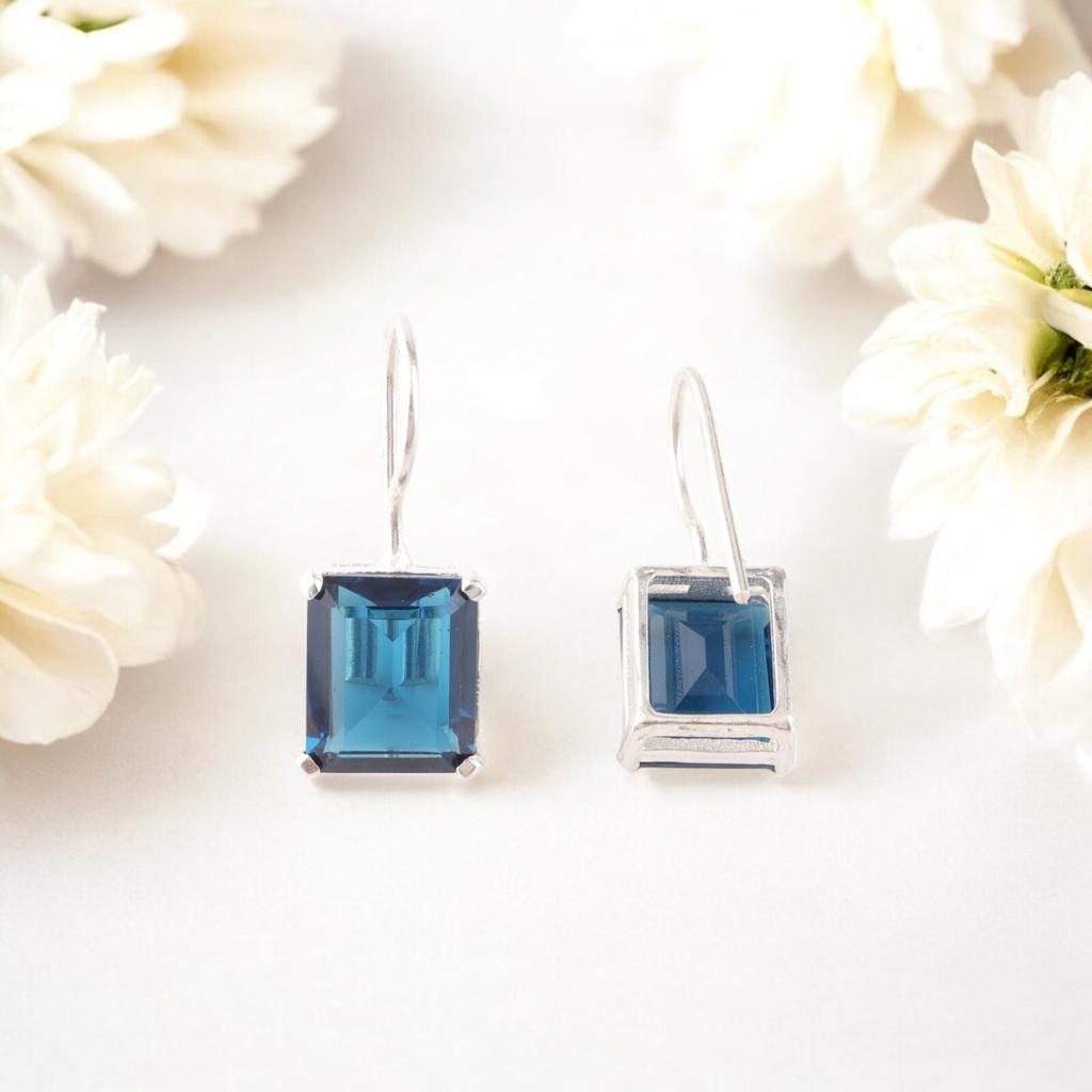 Přírodní Londýnský modrý topaz drahokam 925 Sterlingové stříbro Ručně vyráběné náušnice 1,06" EE-167-1