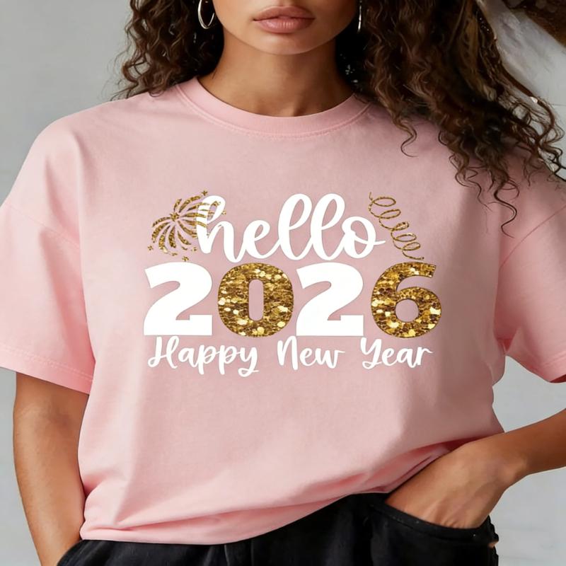 2026 Hello Womens TShirt Womens Happy New Year Pattern Print TShirt Top Summer Loose Casual Round Neck Short Sleeve TShirt