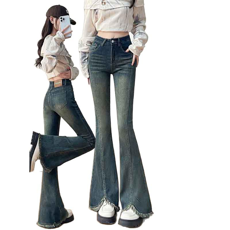 Women's Slimming High-Waisted Micro-Flare Fleece Jeans with Raw Hem Slits for Autumn/Winter 2025