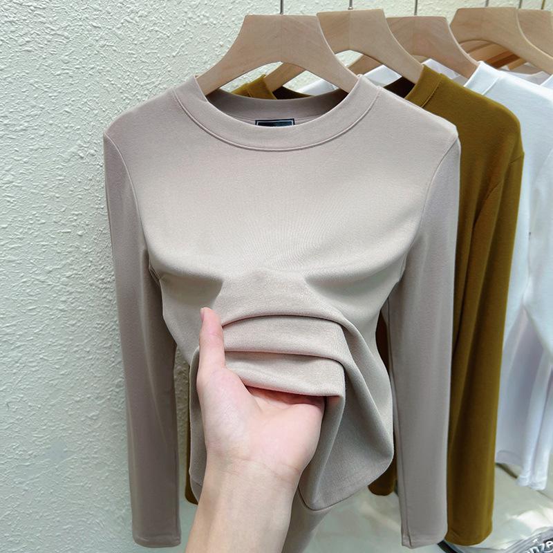 2025 Women's Stretch Cotton Long Sleeve T-shirt, Solid Color, Round Neck, Korean Style Top
