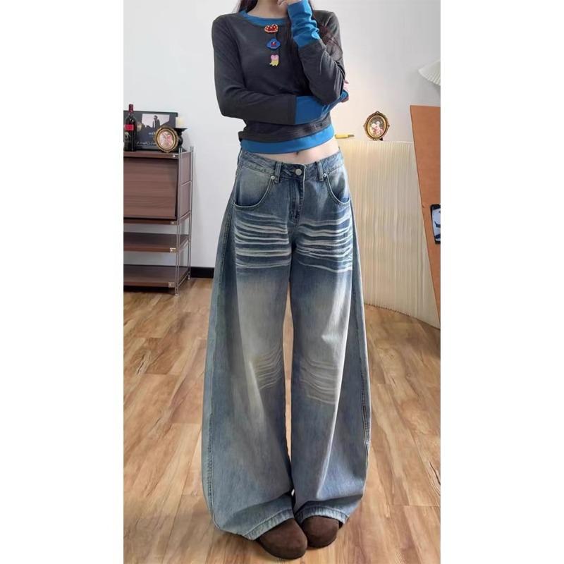 Washed Low-rise Velvet Thickened Wide-leg Jeans for Women, Loose and Thin Floor-mopping Scimitar Pants for Autumn and Winter