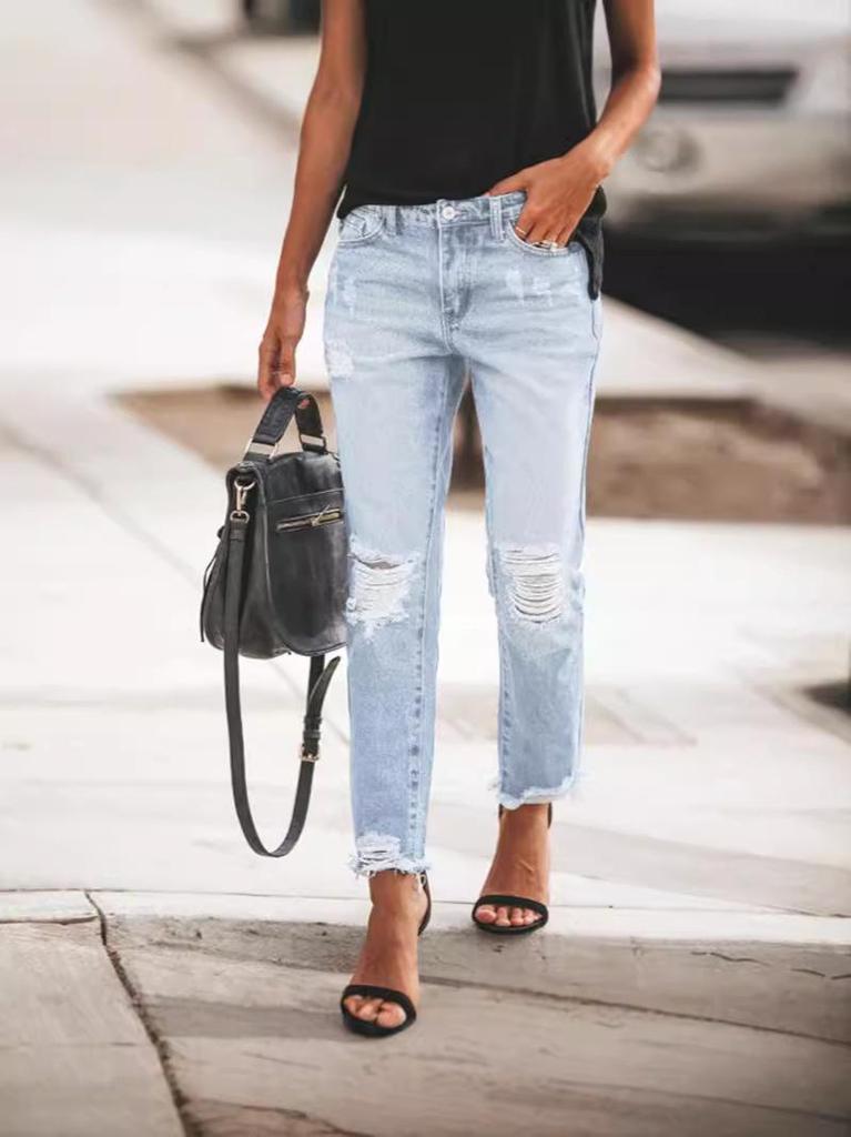 TUME Women's Elastic Retro Denim Trousers