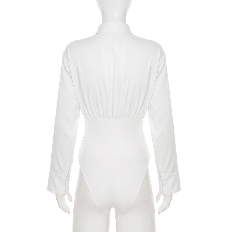 Women's Solid Color Design Button Jumpsuit Shirt Long Sleeve Lapel Slim Fit Fashion Top