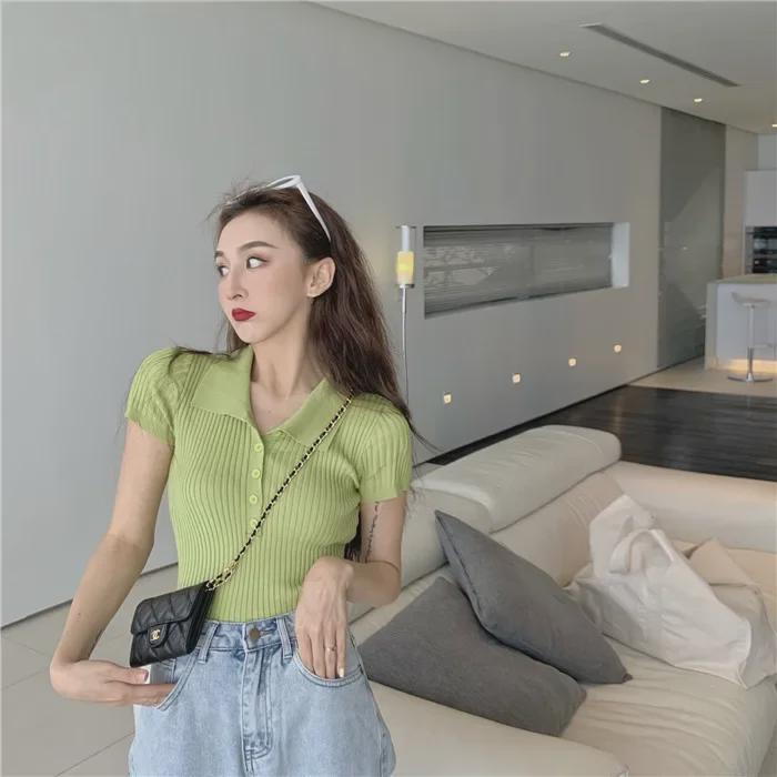 White Polo Collar Short-Sleeve Women's French Chic Top