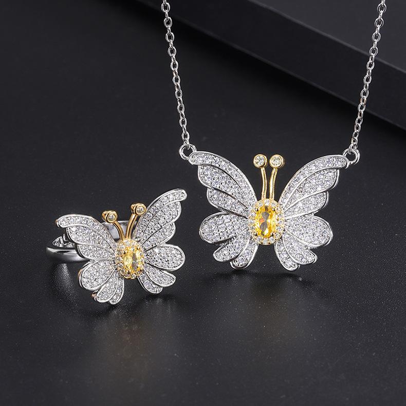 Micro Inlaid Clavicle Chain Yellow Crystal Zircon Butterfly Earrings Necklace Gold Pendant Ring