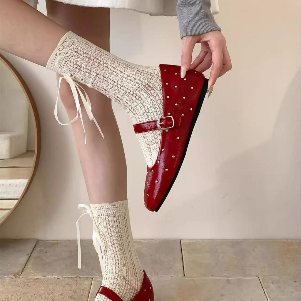 "Spring Cherry" Vintage Gypsy Star Riveted Ballet Single Shoes Women's Spring and Autumn Height Increase Shallow Mouth Mary Jane Shoes