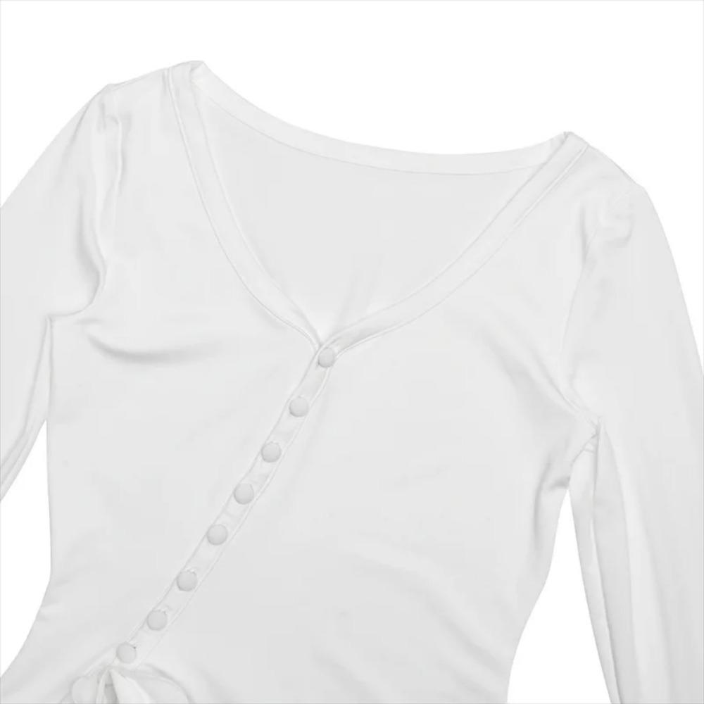 Dámské áčkové bodycon mini šaty s volánovým lemem, výstřihem do V, asymetrickými knoflíky, dlouhým rukávem, krátké šaty, párty, streetové oblečení